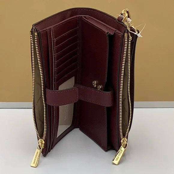 MICHAEL KORS LG DOUBLE ZIP WRISTLET DARK CHERRY MERLOT MULBERRY PHONE CASE NWT - Picture 11 of 16